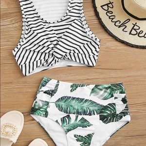 NEW Striped & Tropical Print Twist Bikini Swimsuit